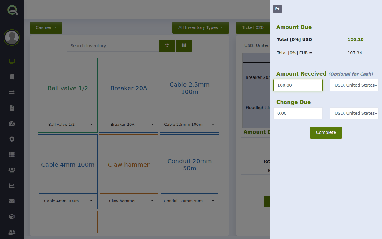 The checkout panel showing Amount Due, Amount Received and Change Due