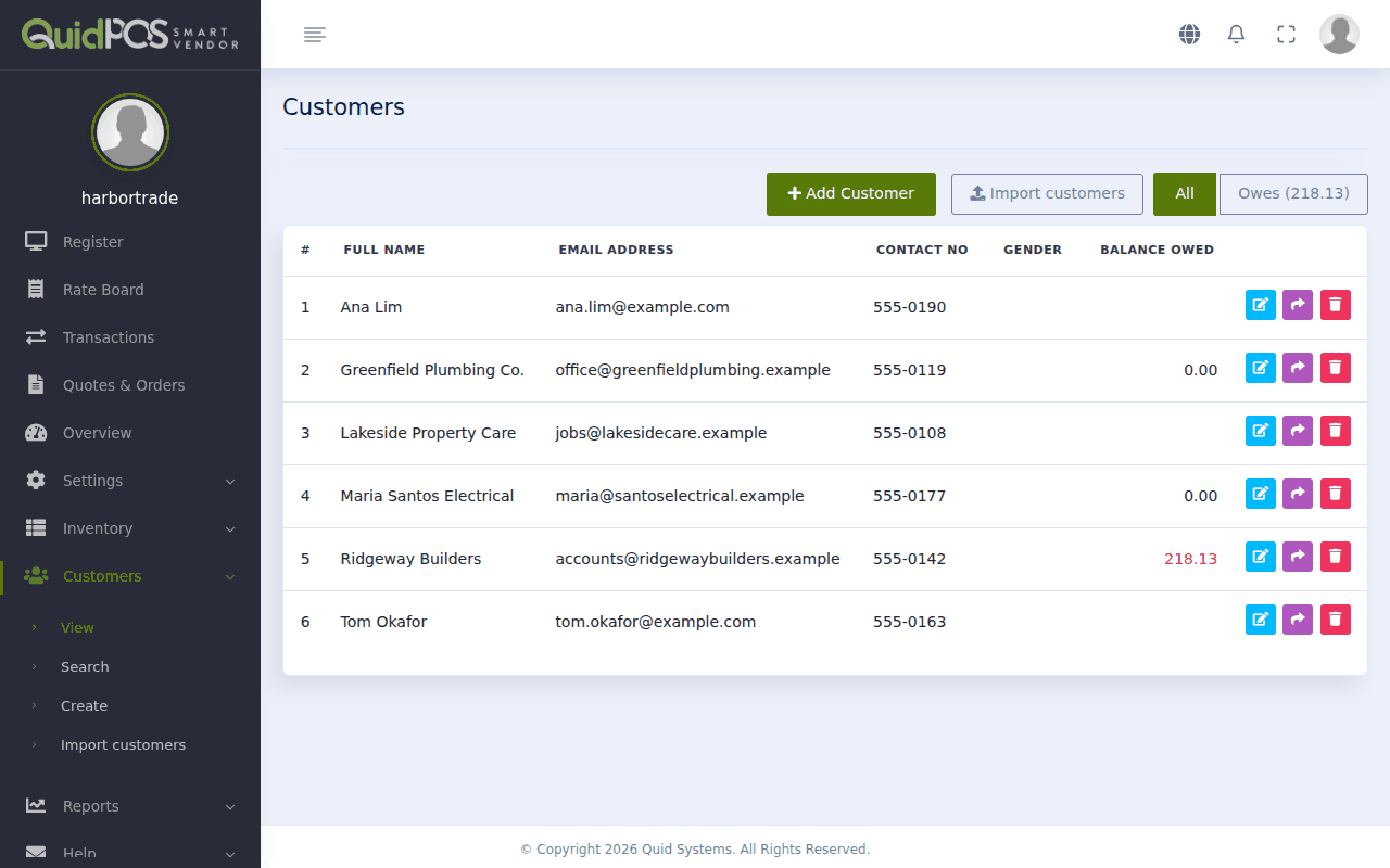 The customer list with names, contact details and the balance each one owes