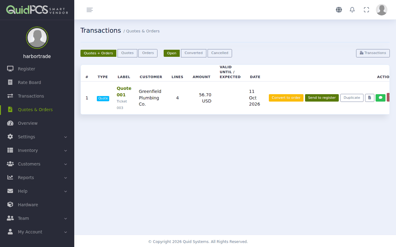 The Quotes and Orders page listing a quote with its customer, amount and action buttons