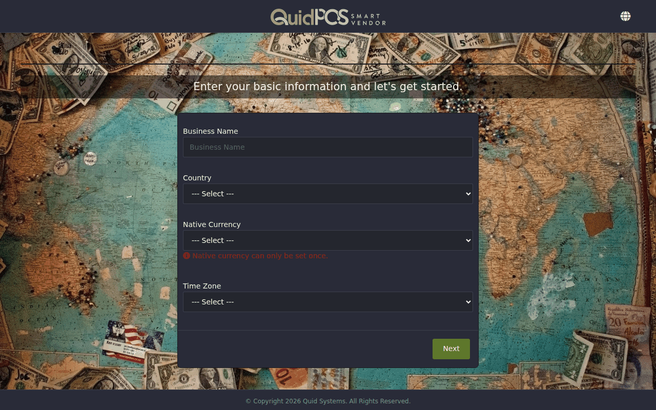 The welcome screen asking for business name, country, currency and time zone